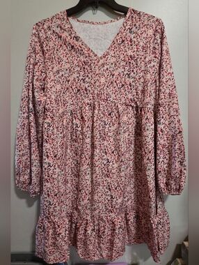SHEIN Pink Multi-Print V-Neck Peasant Tunic